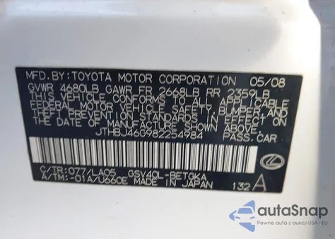2008 Lexus Es 350 from USA, damaged, VIN JTHBJ46G982254984